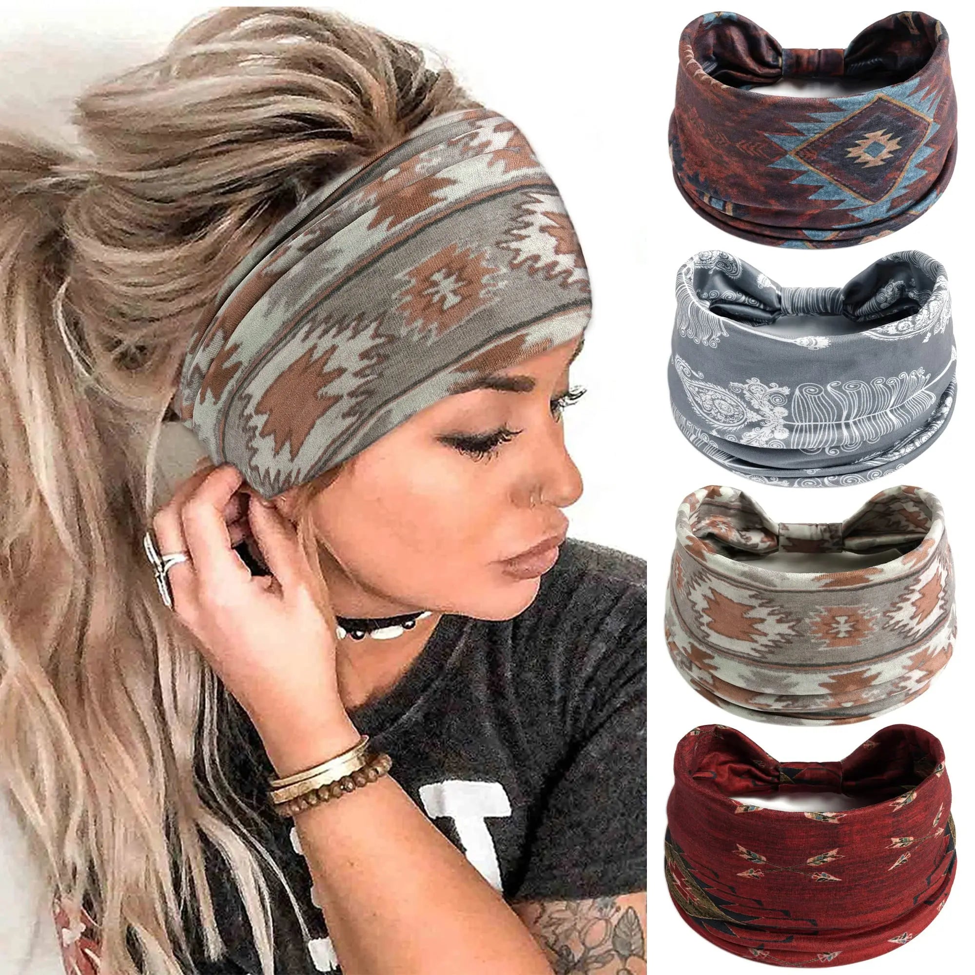 Boho African Headbands for Women Wide Cotton Turban Headwrap  Knot Elastic Hairbands Bandeau Sport Workout Yoga Hair Accessories