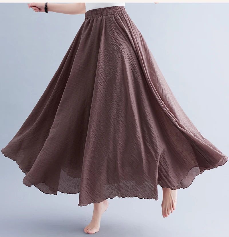 Boho Cotton Linen Beach Long Skirt Women Vintage Casual Solid A-line High Waist Dance Floor-Length Maxi Skirt Spring Summer New