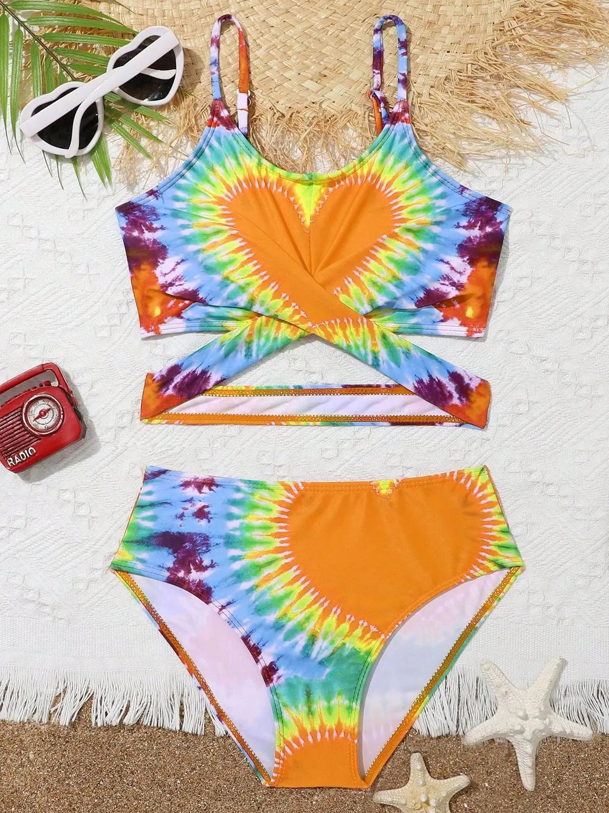 Girls Two Pieces Tie Dye Heart Print Bikini Kids Cross Wrap High Waist Swimsuit 7-12 Years Children's Bathing Suit Teens Pink