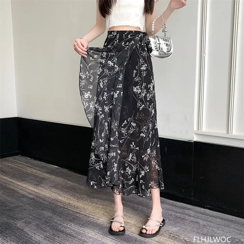 Wrap Up Chic Korea Clothes Women Cute Girls Floral Robe Holiday Beach Date High Waist Retro Vintage One-Piece Lace-Up Skirts