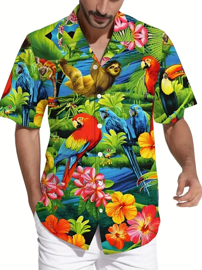 Men's Vibrant Parrot Tropical Floral Print Hawaii Shirts Casual Short Sleeve Button Up Beach Shirt for Men Summer Vacations