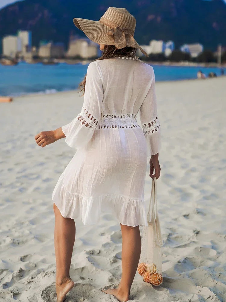 Beach Vacation Bikini Cover-Up Dress with Ball Decoration, Lightweight Sheer Fringed Tie Up Open Cardigan, Sexy Fitted Style