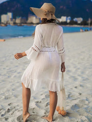 Beach Vacation Bikini Cover-Up Dress with Ball Decoration, Lightweight Sheer Fringed Tie Up Open Cardigan, Sexy Fitted Style