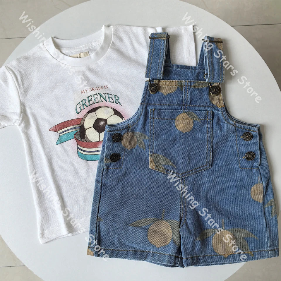 Boys Denim Overalls 2025 KS Girls Cute T-shirt Skirt Boy Simple Cool Tee Tops Shorts Baby Kids Beach Shorts Children Clothes Set