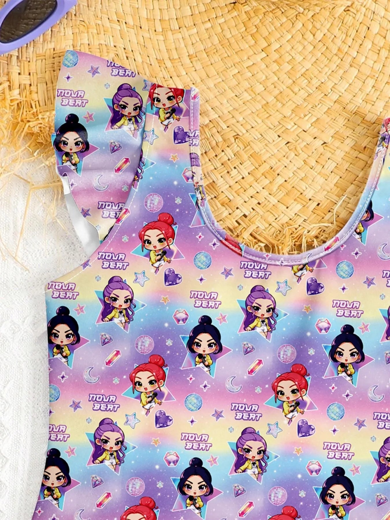Sweet Girls 2 Pieces Swimwear Cute Cartoon Ruffle Sleeve Bikini Set with Skirt Children Vacation Bathing Suit