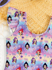 Sweet Girls 2 Pieces Swimwear Cute Cartoon Ruffle Sleeve Bikini Set with Skirt Children Vacation Bathing Suit