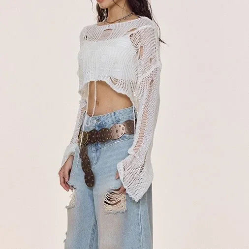 Y2k Cropped Hole Sweater Sexy Gyaru Hollow Out Knit Pullovers Goth Korean Long Sleeve Jumper Summer Fashion Sheer Knitwears Tops