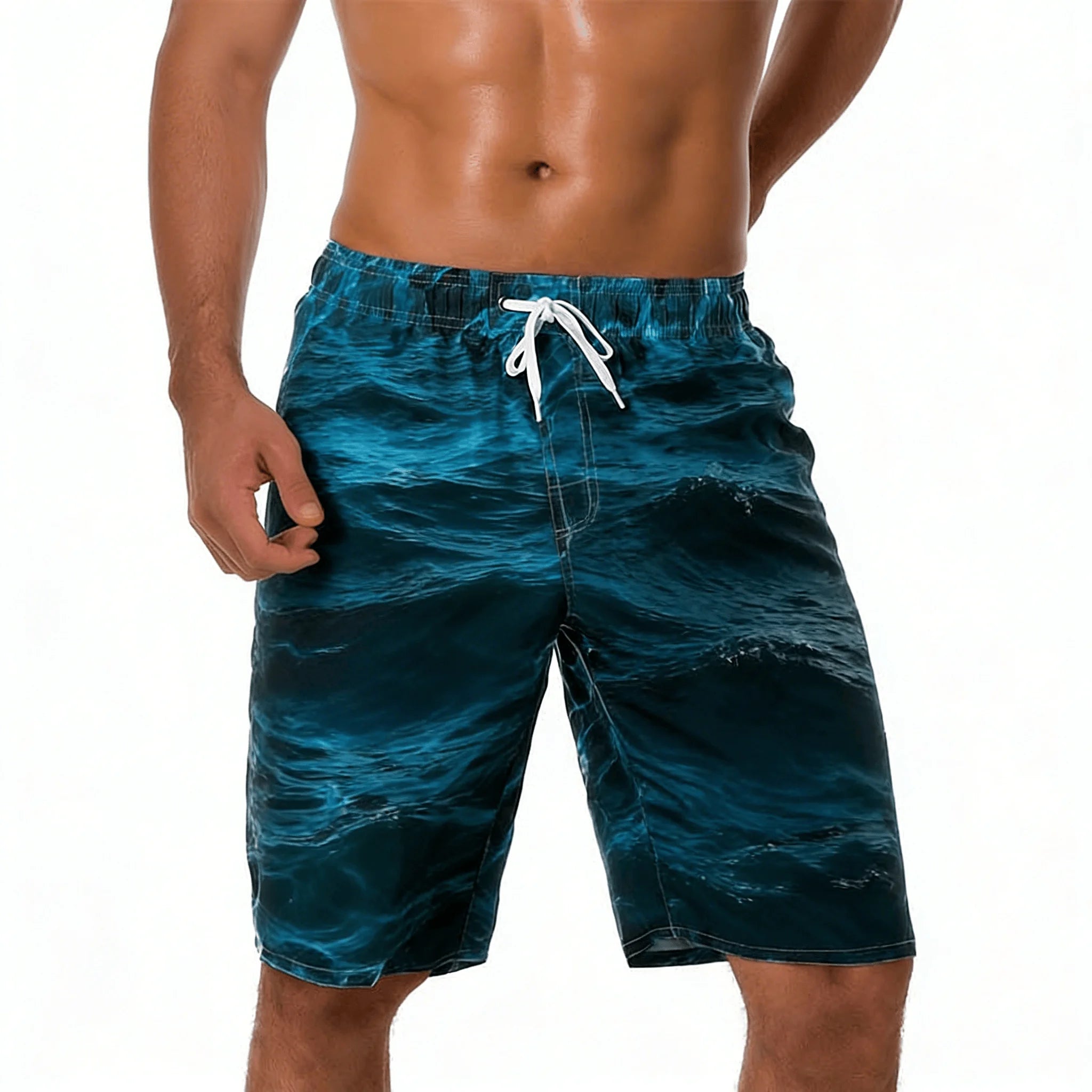 Men's Cyan Gradient Water Ripple Print Drawstring Shorts, Spring Summer Fresh Beach Casual Shorts, Pocket Beach Shorts