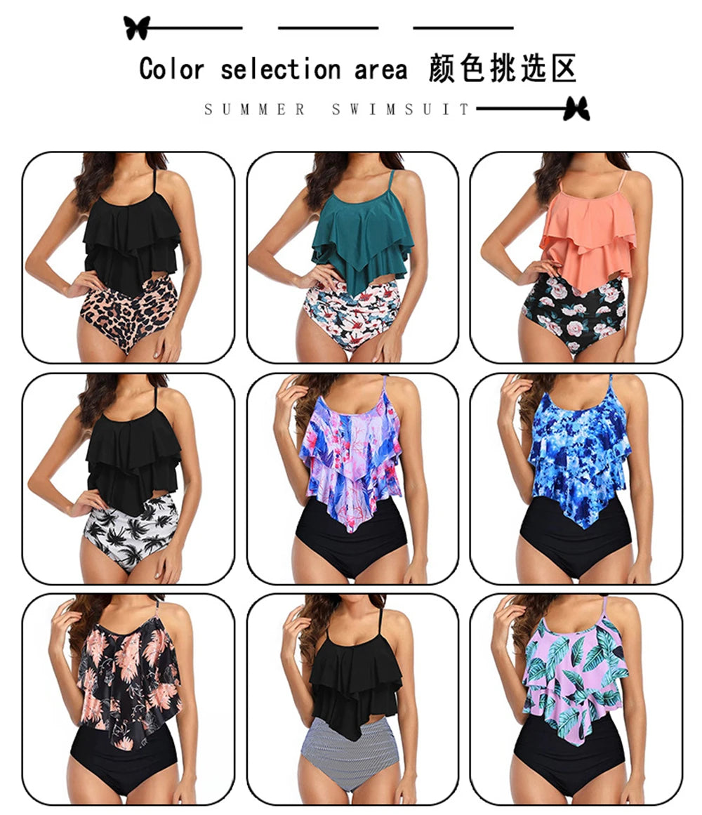 8 Colors Women Ruffled Tankini Set Padded Top With Adjustable Shoulder Straps Elastic Slim Knitted High Waisted Beachwear