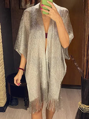 Sexy Fringe Tassel Sheer Knitted Beach Cover Up Dress Shiny Mesh Tunic for Women Swimwear Mesh Cover Lightweight Beach Dress