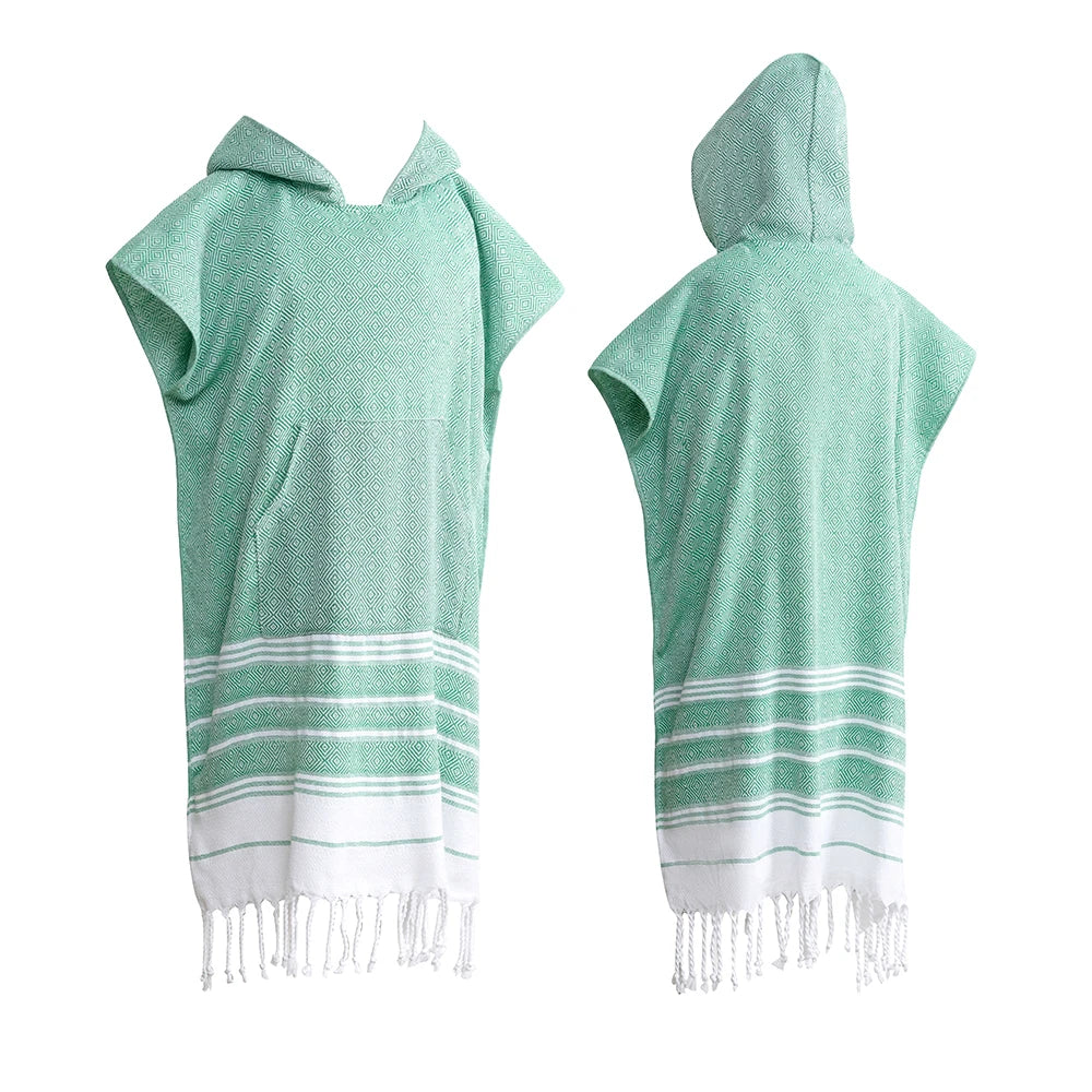 Wearable Turkish diamond plaid beach towel sandproof and quick-drying 100% cotton surf poncho bathrobe hooded wetsuit change of
