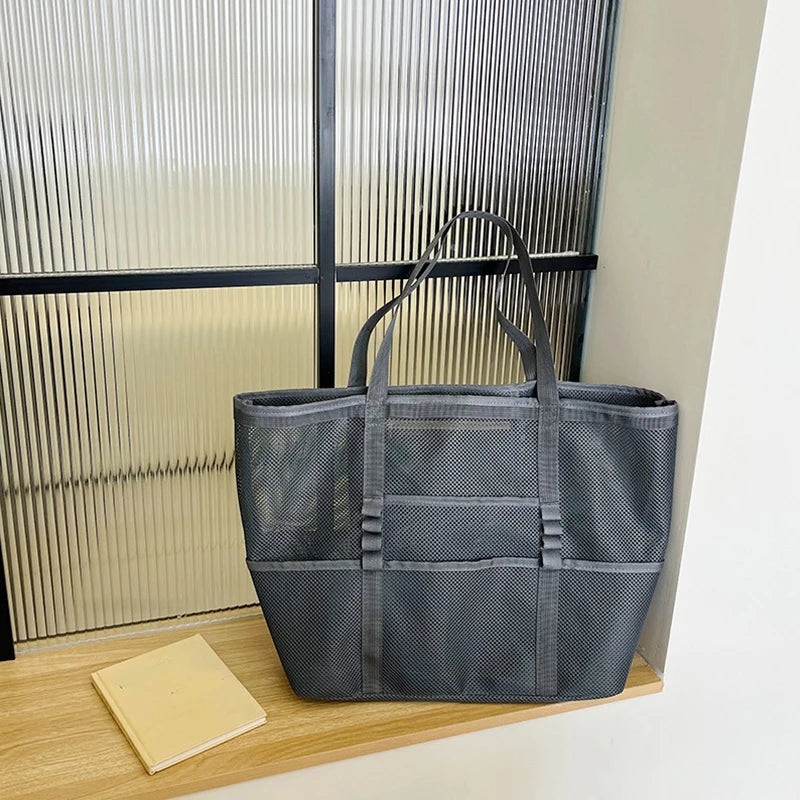 Large Capacity Canvas Beach bag Versatile Commuting Shopping Shoulder bag Lightweight Semi Transparent Mesh Hollow bag