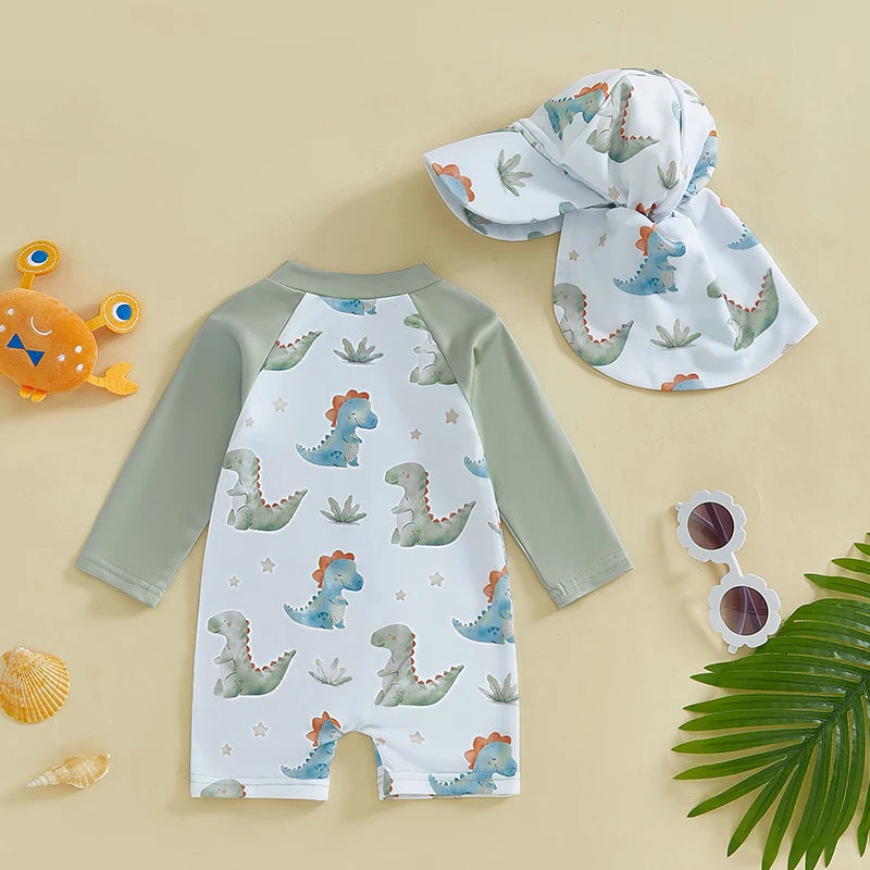Toddler Boys Rash Guard Swimsuit Children Sportswear Dinner/Crab Print Long Sleeve Zip Bathing Suit with Swim Cap