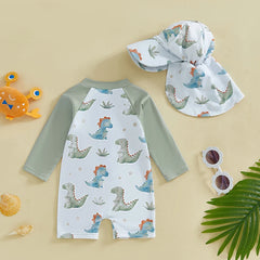 Toddler Boys Rash Guard Swimsuit Children Sportswear Dinner/Crab Print Long Sleeve Zip Bathing Suit with Swim Cap