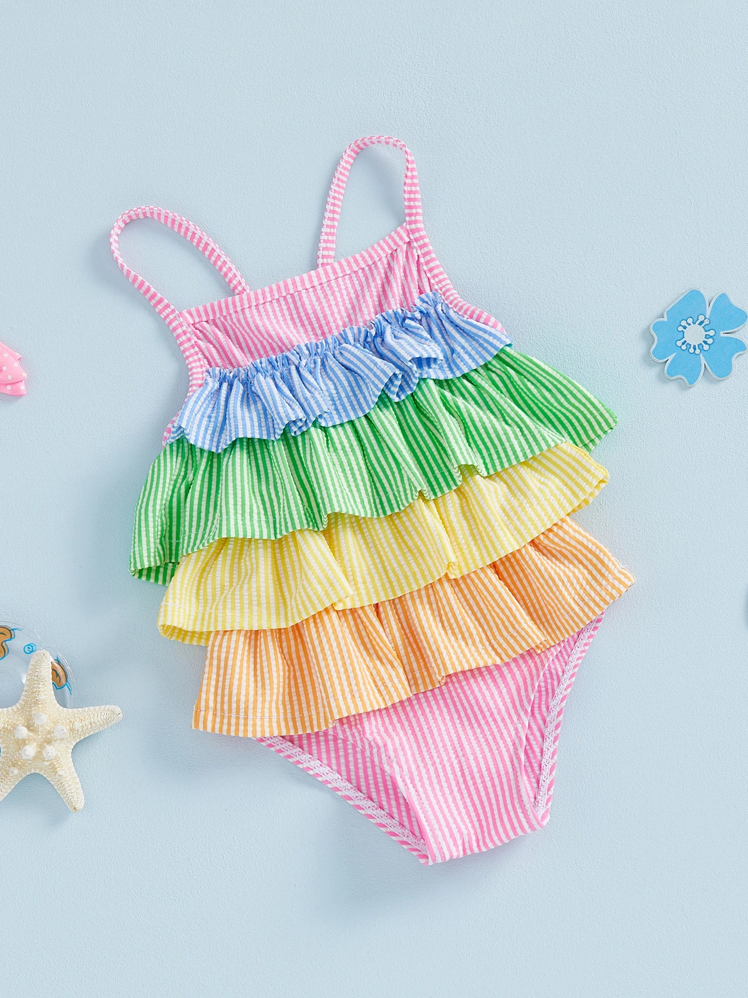 Little Girls Summer Cami Romper Swimsuit Sleeveless Tiered Striped/Plaid Swimwear