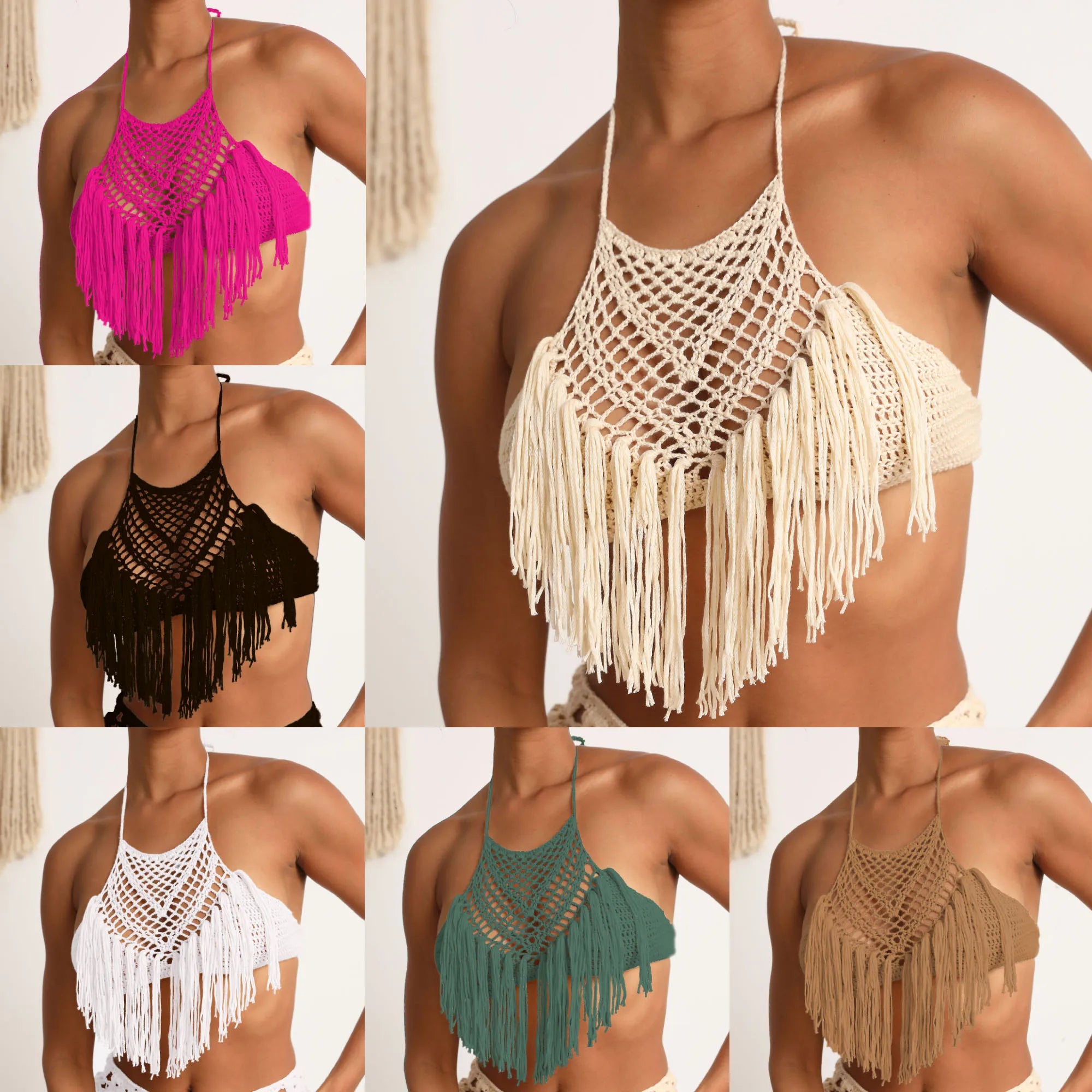 Handmade Crochet Lace Knit Boho Beach Bikini Cami Tank Crop Top Halter