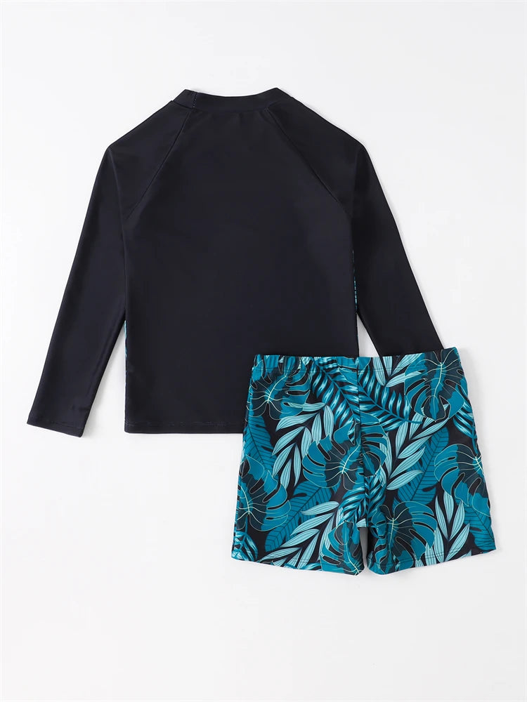Boy Swimsuit 2026 New Geometry Print Long Sleeve Children Swimwear Summer Two Piece Kids Beach Wear Swimming Bathing Suit Men's