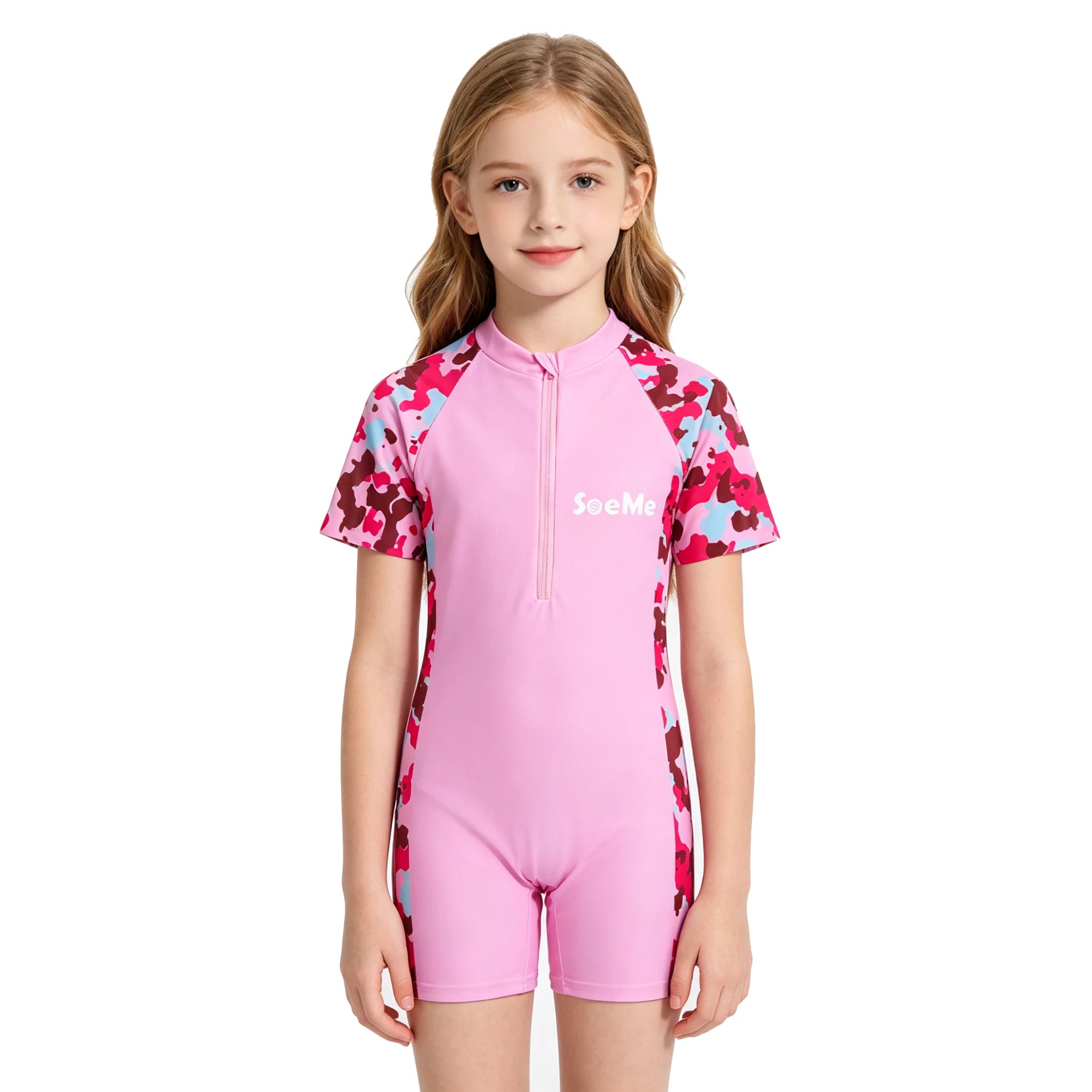Girls Pink Sporty Striped One Piece Swimwear Summer Short Sleeve Zipper Rash Guard Kids Quick Dry Bathing Suit for Beach