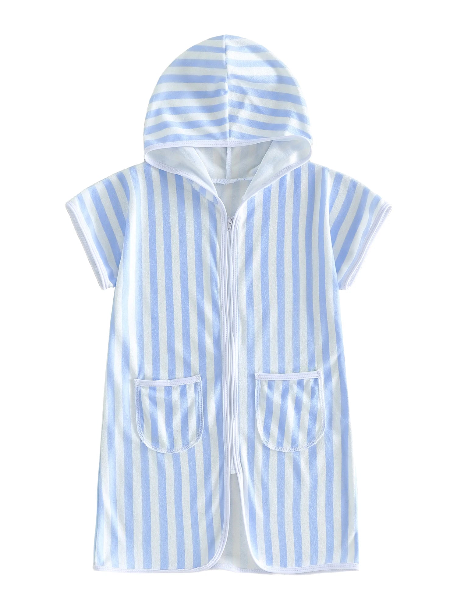 1-6Y Kids Swimwear Cover-ups Striped Zip Up Short Sleeve Hooded Robe Shawl for Beach Pool for Boys Girls Swimsuits
