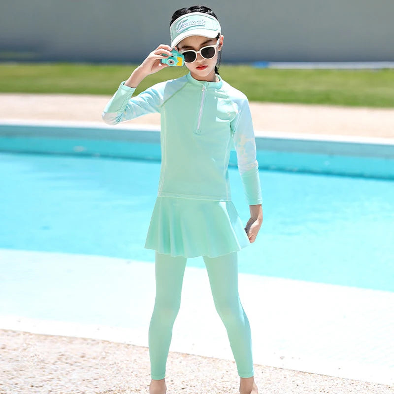 Two Piece Long Sleeve Girls Swimwear With Skirt Burkini Swimsuit Kids Children Modest Swimming Suit Sun Protection Beachwear