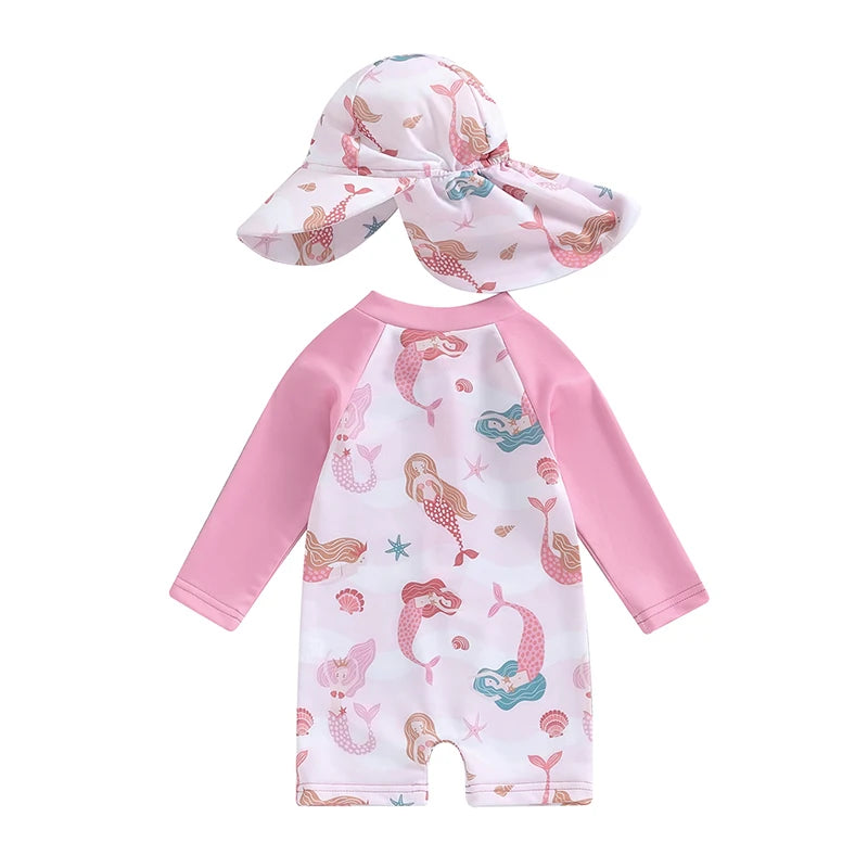 VISgogo Baby Girls Bathing Suit Sea Shell Print Long Sleeve Rash Guard Swimsuit Wide Brim Sun Hat Infant Toddler Beachwear