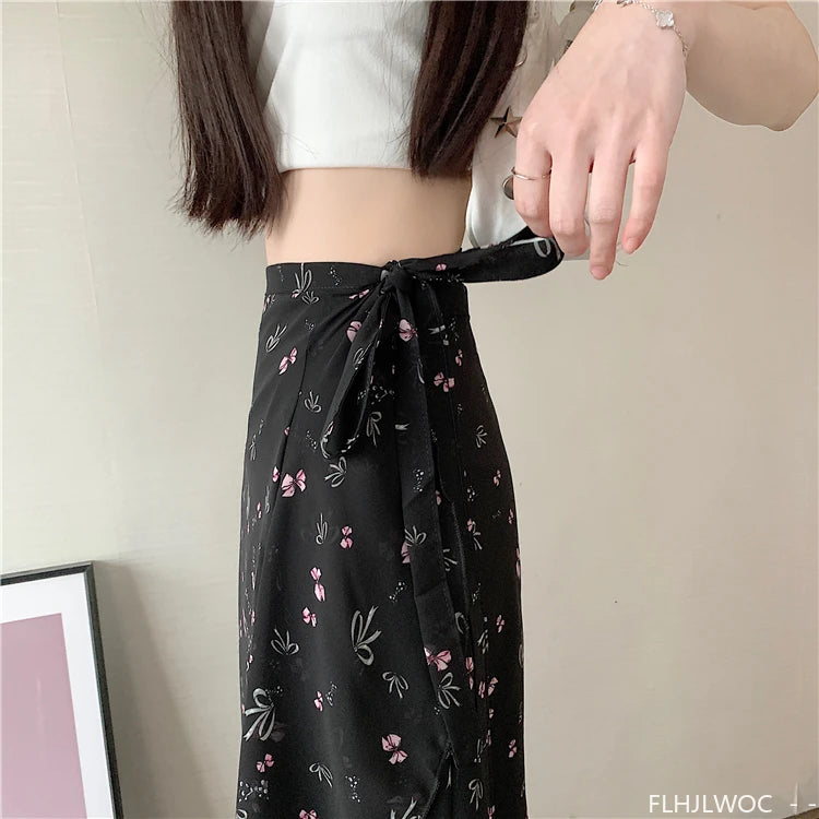 Wrap Up Chic Korea Clothes Women Cute Girls Floral Robe Holiday Beach Date High Waist Retro Vintage One-Piece Lace-Up Skirts