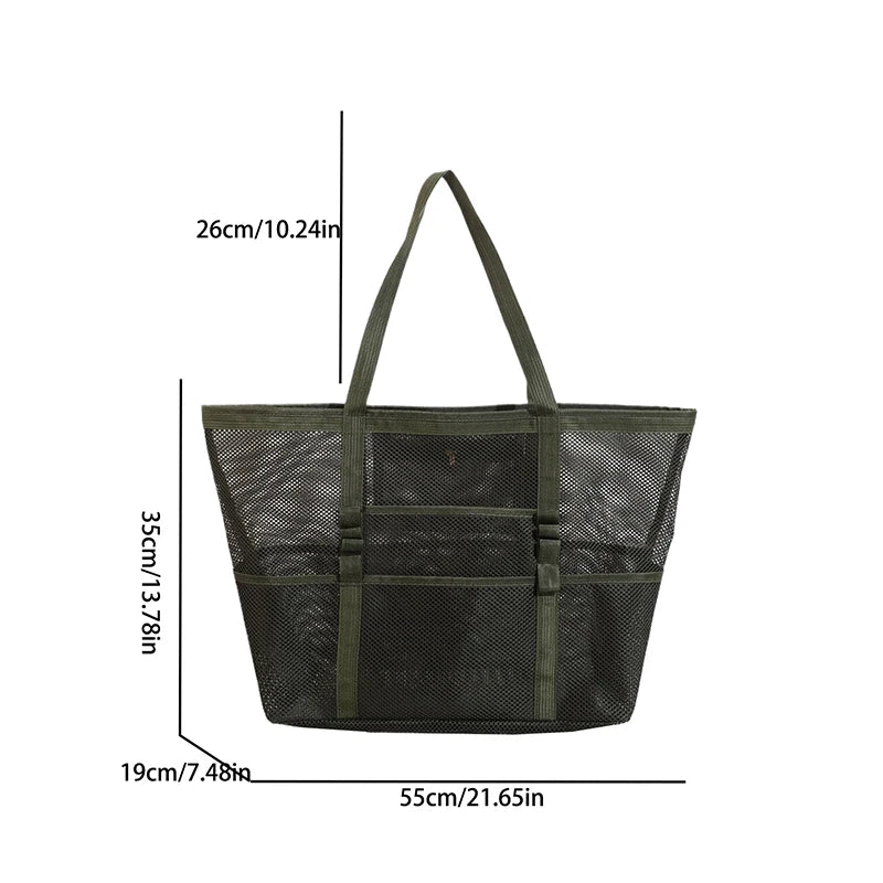Large Capacity Canvas Beach bag Versatile Commuting Shopping Shoulder bag Lightweight Semi Transparent Mesh Hollow bag