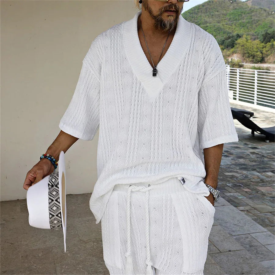 2024 Spring and Summer Casual Shorts Set Knitted Two Piece Men's V-neck Short Sleeve T-shirt and Shorts Street Wear Knitted Set