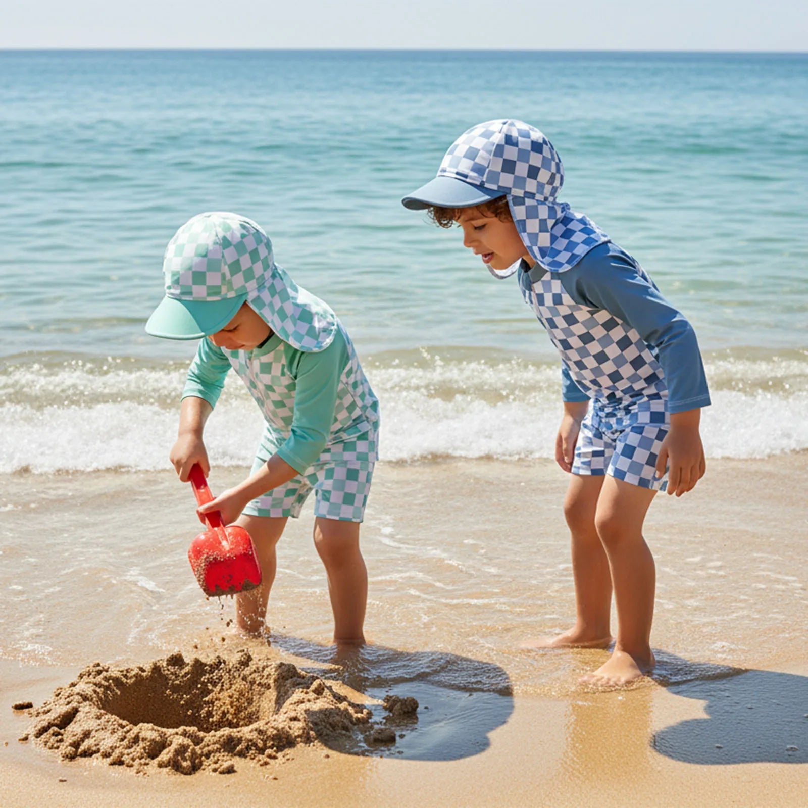 1-4T Toddler Boy Swimsuit Set Checkered Long Sleeve Rash Guard Swim Tops Swim Shorts and Sun Hat 3 Piece Outfit