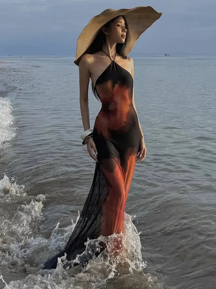 Weird Puss Beach Vacation Dress Women See Through Flower Print Halter Backless Bandage Sleeveless Party Club Stretch  Bodycon