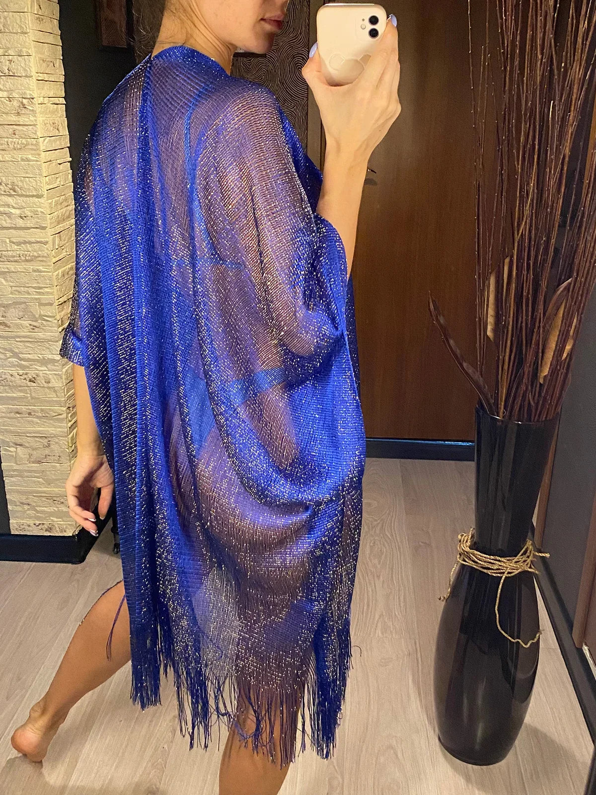 Sexy Fringe Tassel Sheer Knitted Beach Cover Up Dress Shiny Mesh Tunic for Women Swimwear Mesh Cover Lightweight Beach Dress