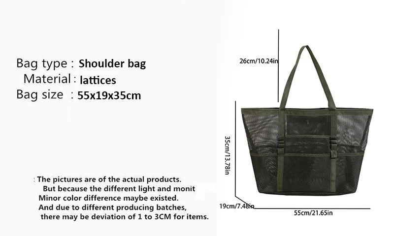 Large Capacity Canvas Beach bag Versatile Commuting Shopping Shoulder bag Lightweight Semi Transparent Mesh Hollow bag