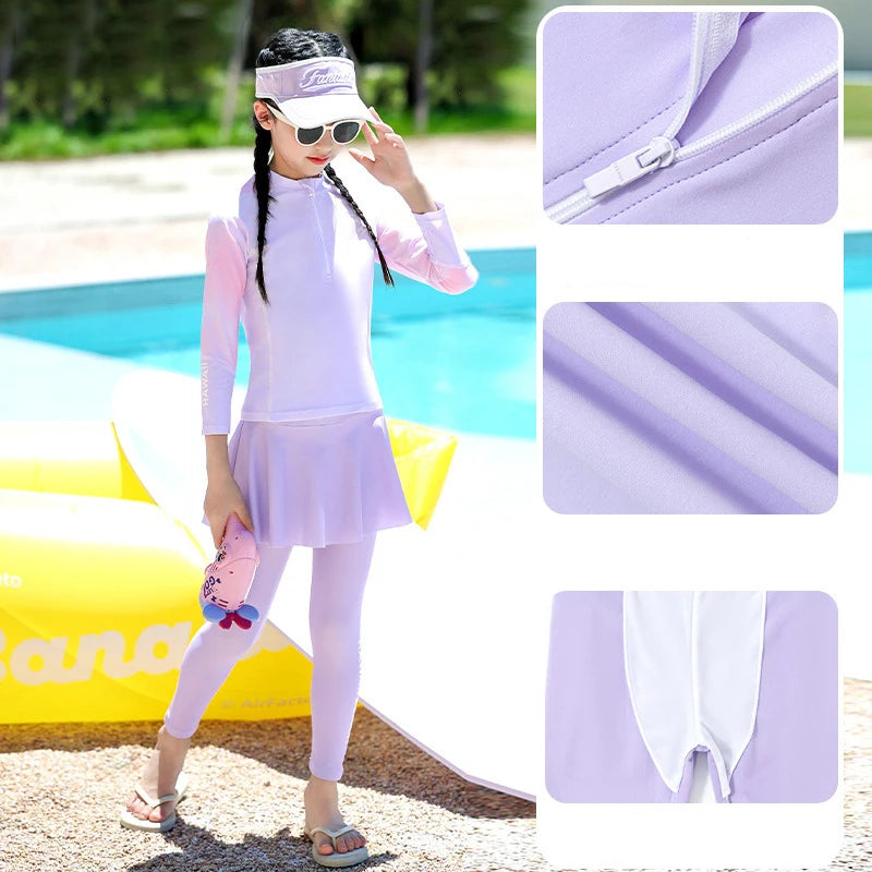 Two Piece Long Sleeve Girls Swimwear With Skirt Burkini Swimsuit Kids Children Modest Swimming Suit Sun Protection Beachwear