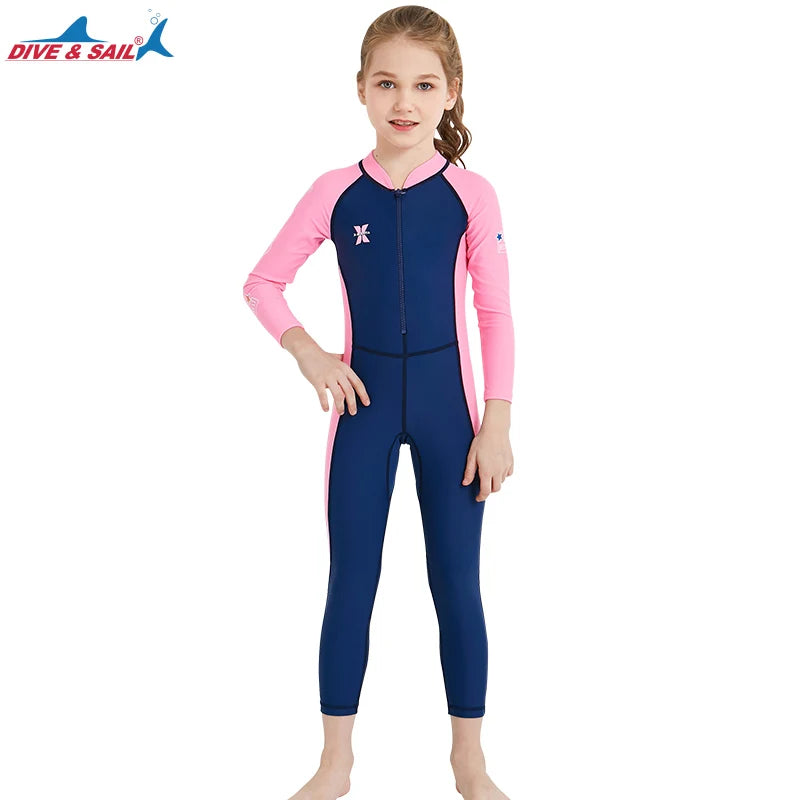 Kid's Full Body Swimwear Boys&Girls One Piece Swimsuit Long-Sleeve Water Sports Rash Guard UPF 50+ Sunsuit Sets 2-8Y