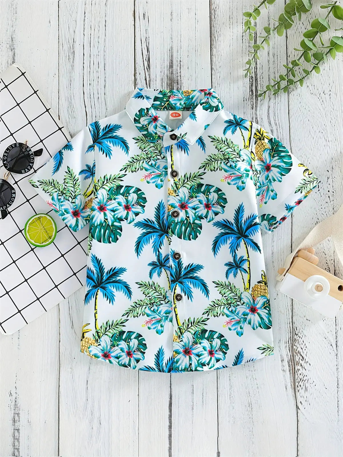 Boys Flowers and Leaves Print Short Sleeves Shirt Hawaiian Style for Vacation Beach Kids Summer Clothes O-Neck Children's Shirt