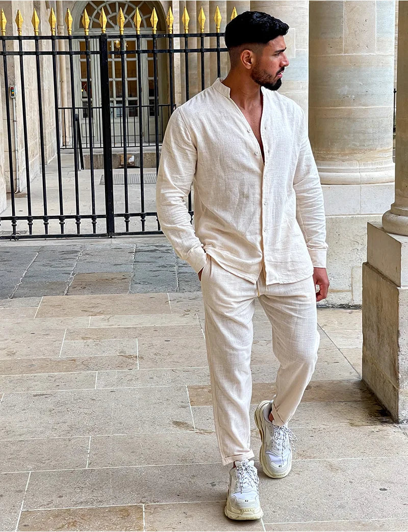 Men's casual cotton and linen suit, fashion comfortable linen solid color stand collar shirt street loose long sleeve two-piece
