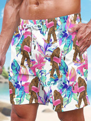 Mens Bigfoot Tropical Leaf Pink Base Print Quick Dry Board Shorts Elastic Drawstring Swim Trunks Summer Beach Casual Outfit