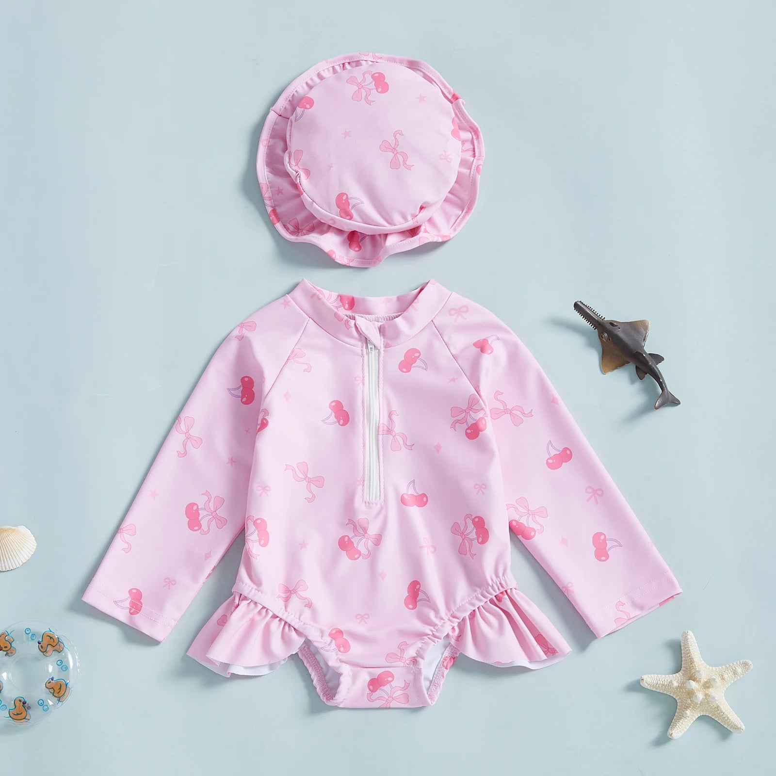 Summer Baby Girls Beacwear Princess Toddler Infant Rash Guard Swimsuits with Hat Floral Print Zip Up Children Girls Swimwears