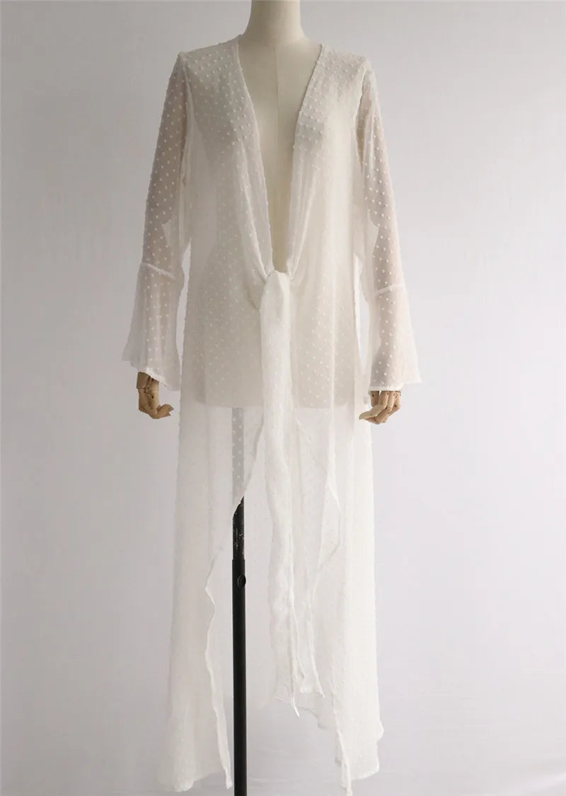 2025 Summer Dot print White Beach Cover up dress Tunic Long Pareos Bikinis Cover ups Swim Cardigan Cover up Robe Plage Beachwear
