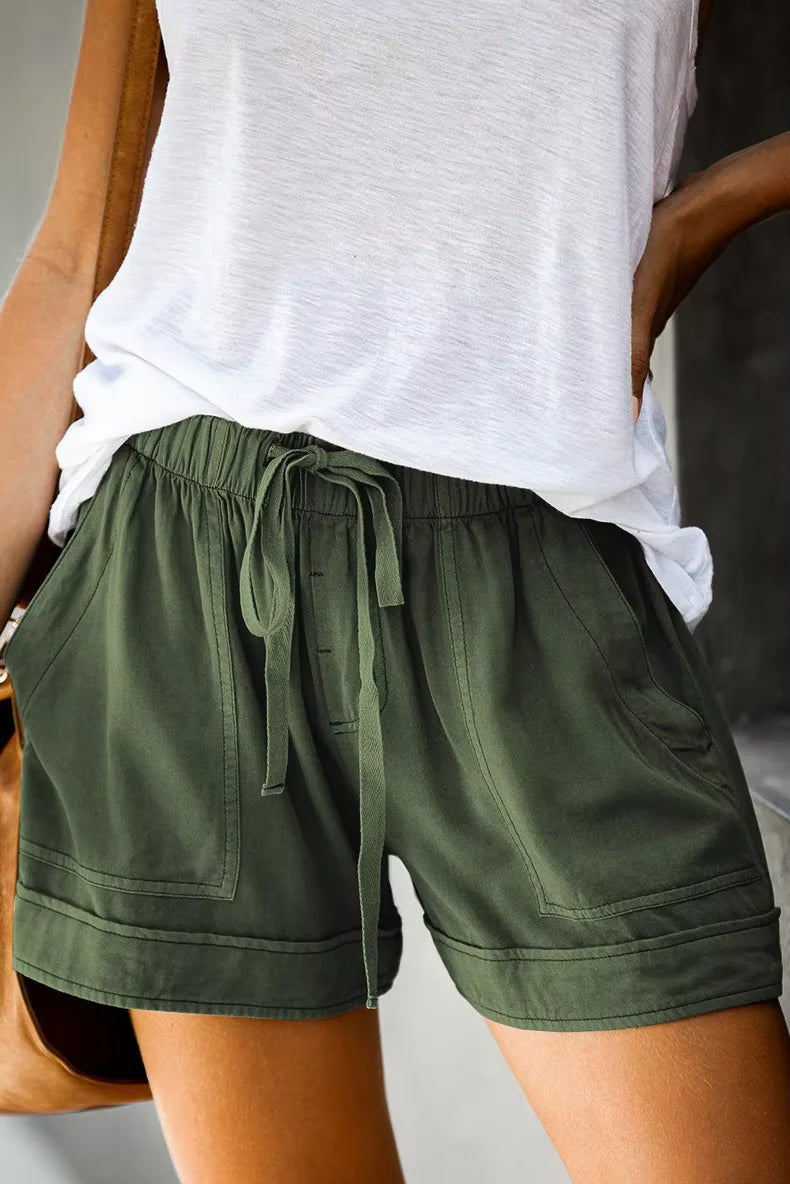 High-Waisted Lace-Up Casual Shorts for Women Summer 2025 Loose Fit Wide Leg Twill Pants European American Style