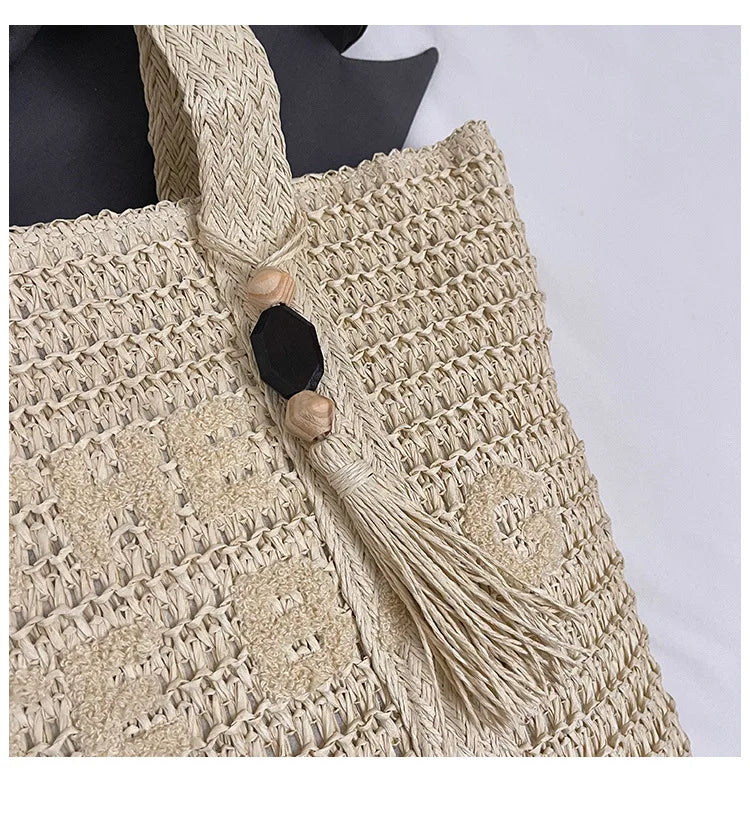 French style large capacity woven straw woven bag for women, new beach vacation shoulder bag, casual commuting tote bag