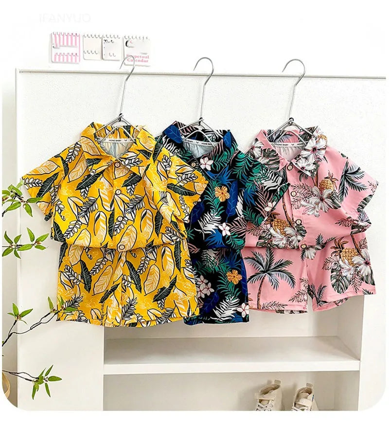 Summer Children Beach Shirt Set Boys Girls Baby Loose Printed Shirts Fashion Vacation Style Kid Short Sleeve+short Pants Outfits