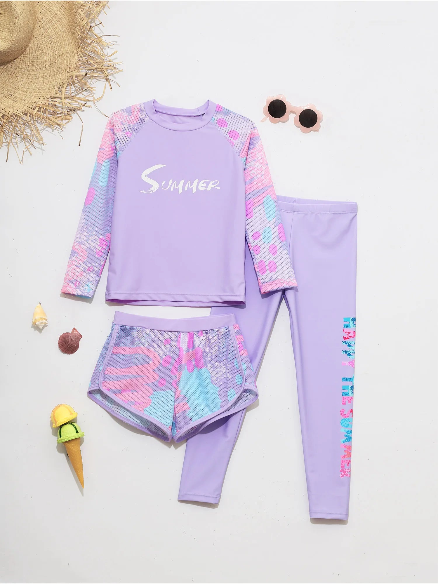 Kids Girls Swimsuit Rash Guard 3Pcs Sunsuit Outfit Long Sleeve Floral Tops Shorts Legging Child Sun Protection Pool Swimwear Set