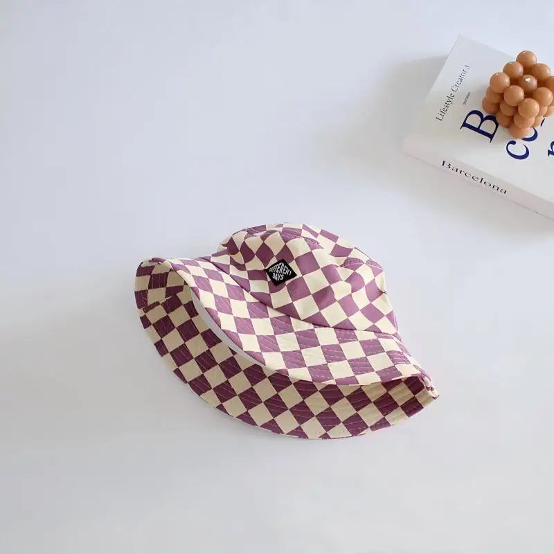 Stylish Kids Bucket Hat Checkerboard Plaid Pattern Sun Hat Breathable Wide Brim Cap For Boys And Girls