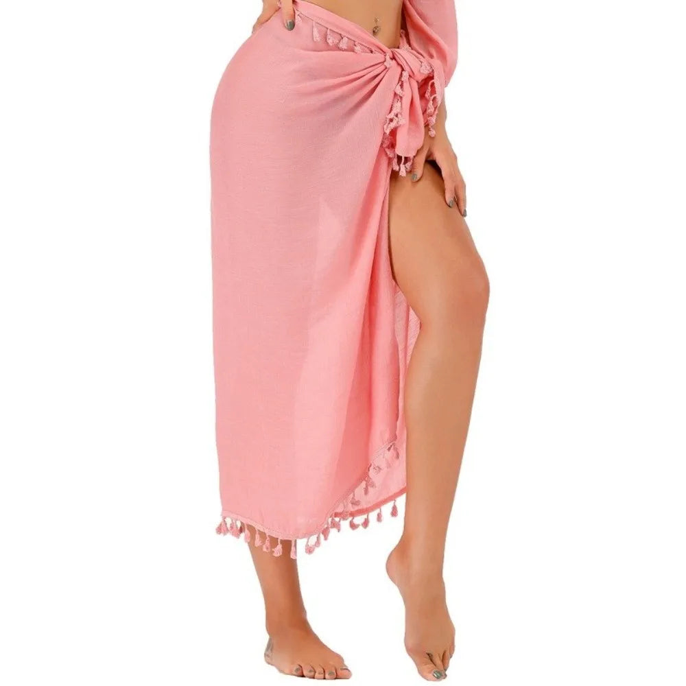 Solid Color Beach Wrap Skirt Sheer Design Quick Drying Sarong Beach Towel Knot Side Tassel Trim Bikini Cover Up