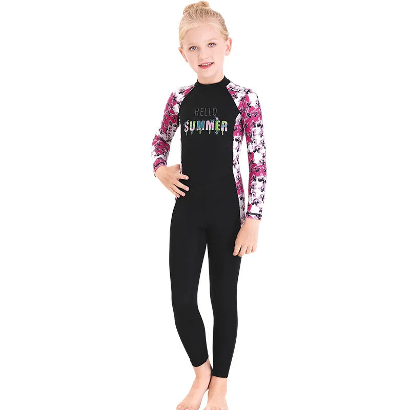 Girl Boy Swimwear Zipper One Piece Suit Kids Sunscreen Quick Drying Long Swimsuit Beachwear Bathing Suit(Including Swimming Cap)