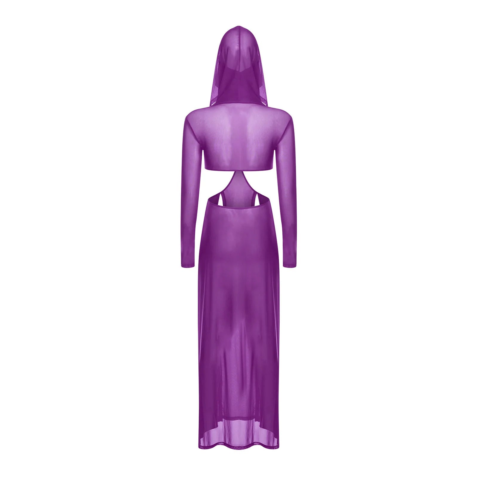 Women Sheer Dress with Hooded Face Mask Maxi High Slit Sexy Mesh Dress Long Sleeves Hollow Out Sheer Dress Cover Up Swimwear