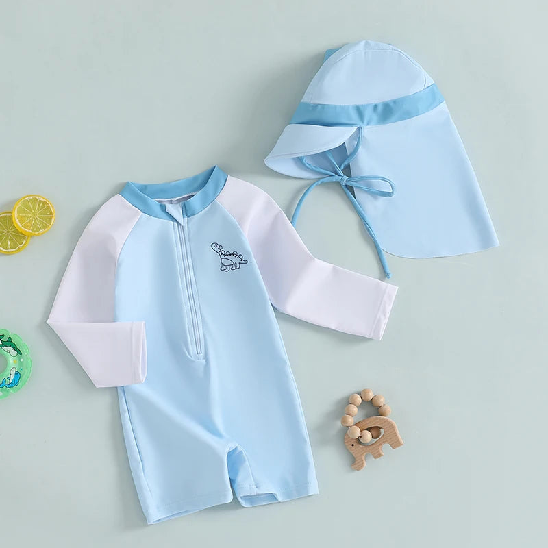 0-3T Newborn Toddler Boys Rash Guard Swimsuit Contrast Color Dinosaur Print Long Sleeve Mock Neck Zip Bathing Suit with Hat