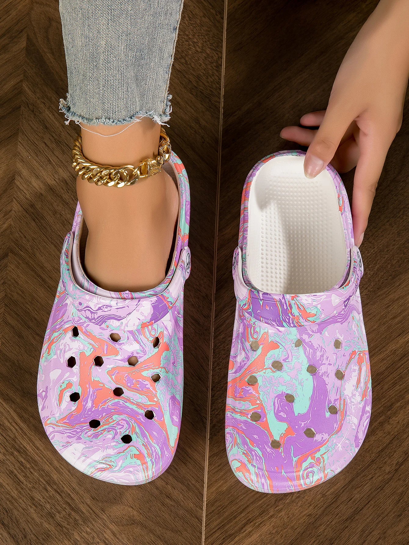 Garden Clogs Comfortable Women's Tie-dye Pattern Clogs, Slip On Lightweight Two-way Wear Clogs, Non-slip Summer Beach Slides 666