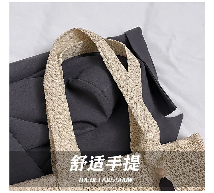 French style large capacity woven straw woven bag for women, new beach vacation shoulder bag, casual commuting tote bag